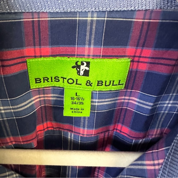 Bristol & Bull Men’s Plaid Button-Down Shirt‎ – Red & Navy Check, Size Large - Picture 2 of 7